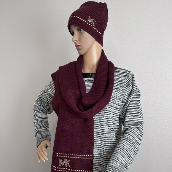 Michael Kors Burgundy Studded Stripe with Logo Detail Hat & Scarf Set - Picture 4 of 10